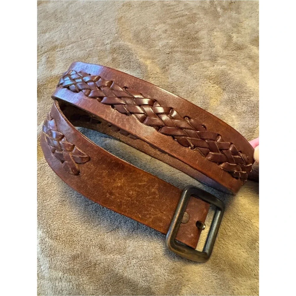 Fossil Brown Braided Leather Belt with Antiqued Metal Buckle 1990s era size 34
